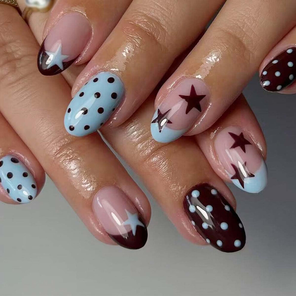 Short Oval Press On Nails Polka Dot Star Design French Tip Fake Nails Glossy Acrylic 24pcs
