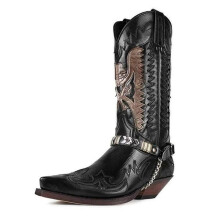 Men's Western Cowboy Boots Vintage Embossed Leather with Chain and Studs Black UK 15