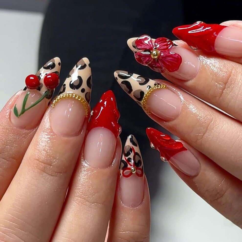 24Pcs Almond Press On Nails with Glue, Leopard Floral and French Tip False Nails for Women