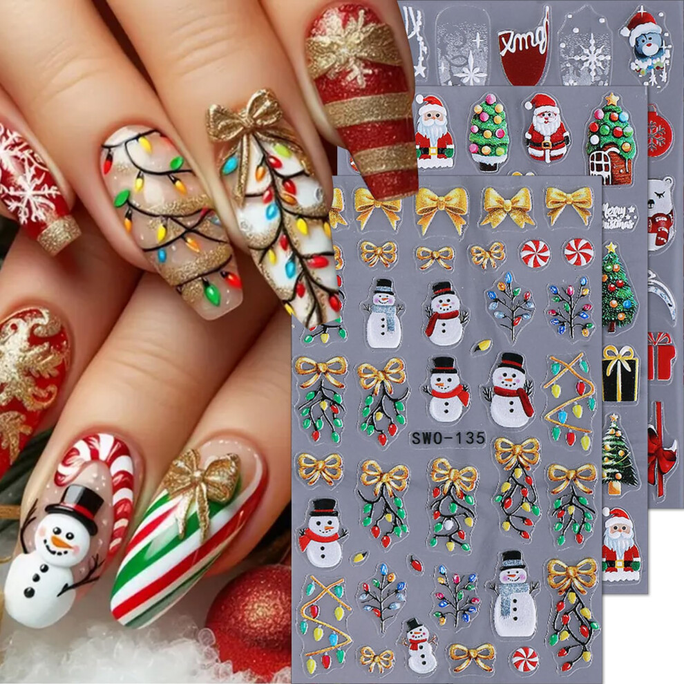 5D Embossed Christmas Nail Stickers, SelfAdhesive Holiday Nail Art Decals for Women, 3PCS Set