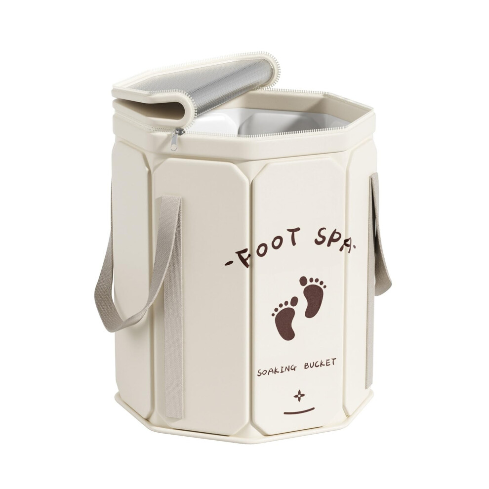 Beige Collapsible Foot Spa Tub With Lid, Insulated Soaking Basin For Long Heat Retention, Home Or Travel
