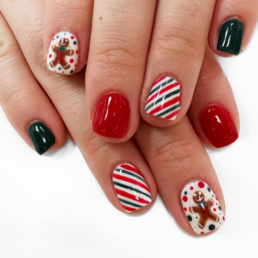 24pcs Short Square Christmas Press On Nails, Reusable Gingerbread Fake Nails for Holiday Manicure