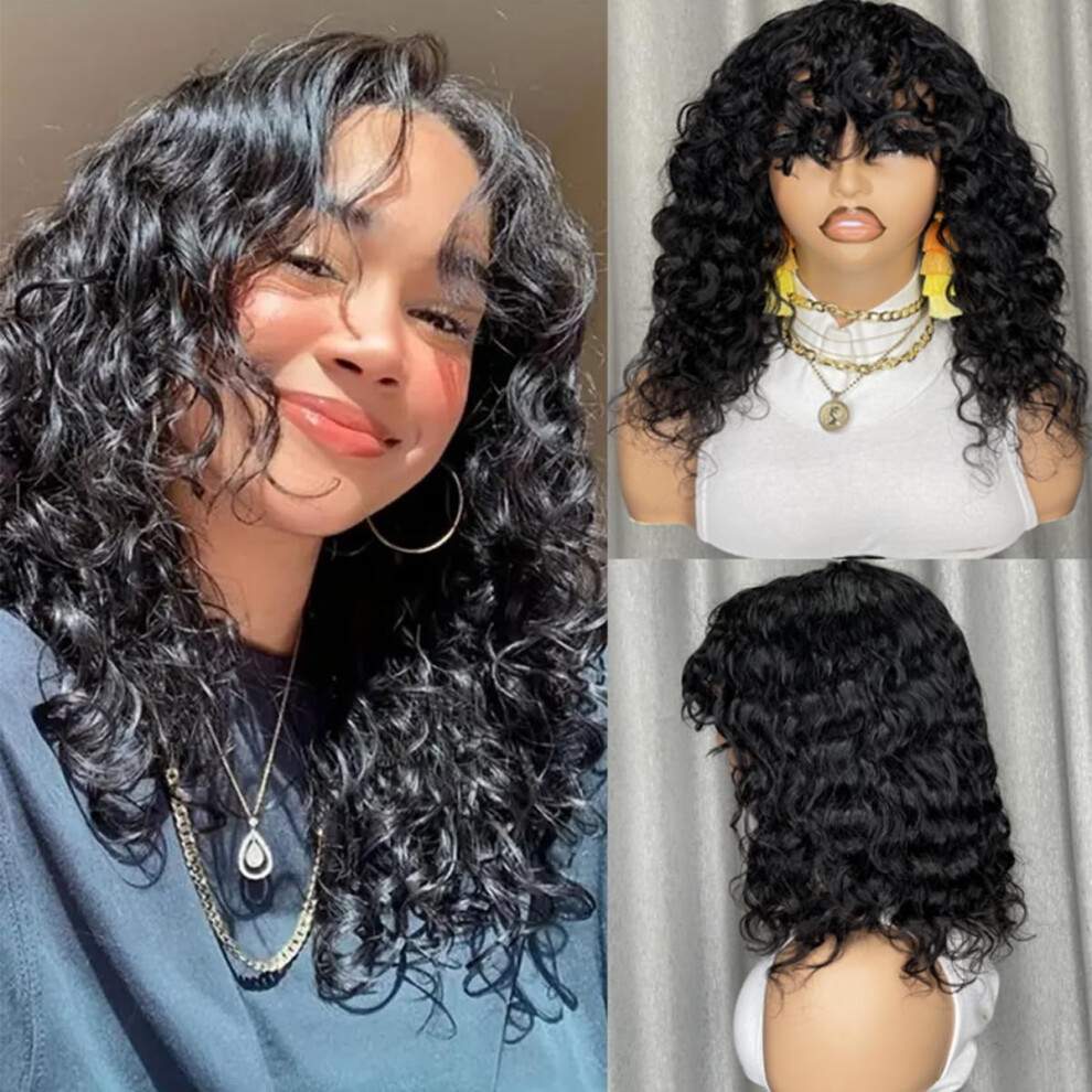 Unisex 16 Inch Water Wave Human Hair Wig With Bangs Brazilian Virgin Glueless Wavy Wig Natural Look