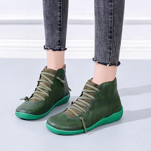 Botas de cuero SDJMa para mujer, estilo casual retro, con punta redonda, cordones, botines planos, cremallera lateral, tallas grandes, cómodas, para
