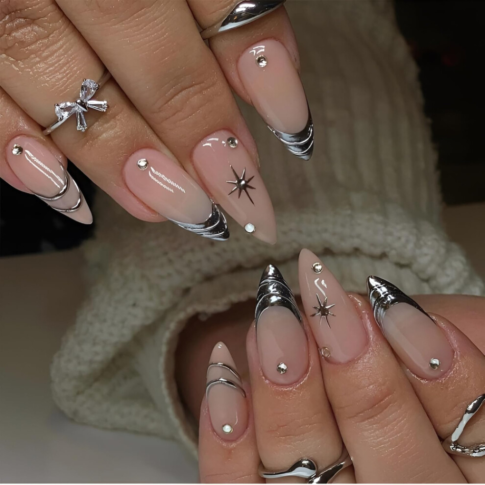 Cream 24Pcs Nude French Tip Press On Nails Medium Almond Fake Nails With Rhinestones Salonstyle Finish