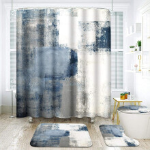 Abstracte badkamerset in marineblauw en grijs, 4-delig, passend bij vintage en retro douchegordijnen en vloerkleden.