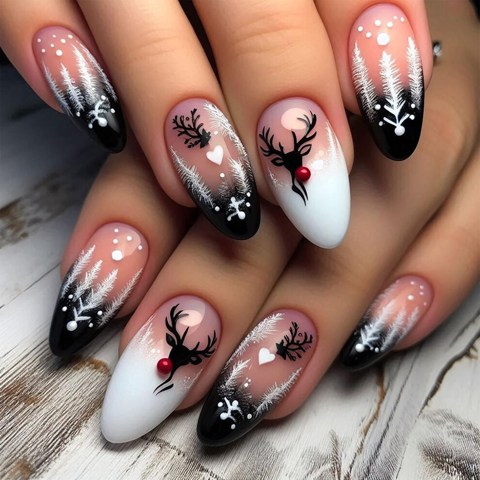 Red 24Pcs Christmas Almond Press On Nails Glitter Fake Nails Set With Elk And Heart Designs