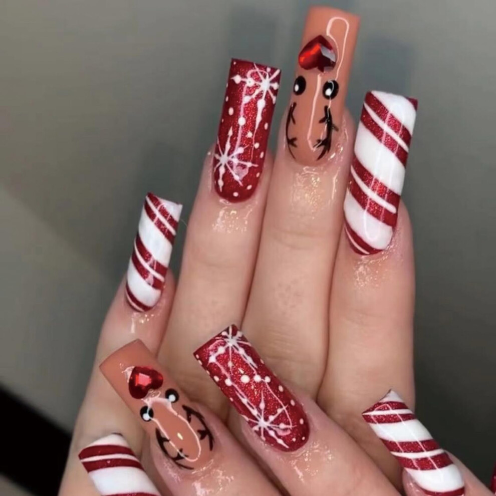 Christmas Press On Nails Long Square Fake Nails Snowflake Elk Rhinestone Design 24pcs for Women