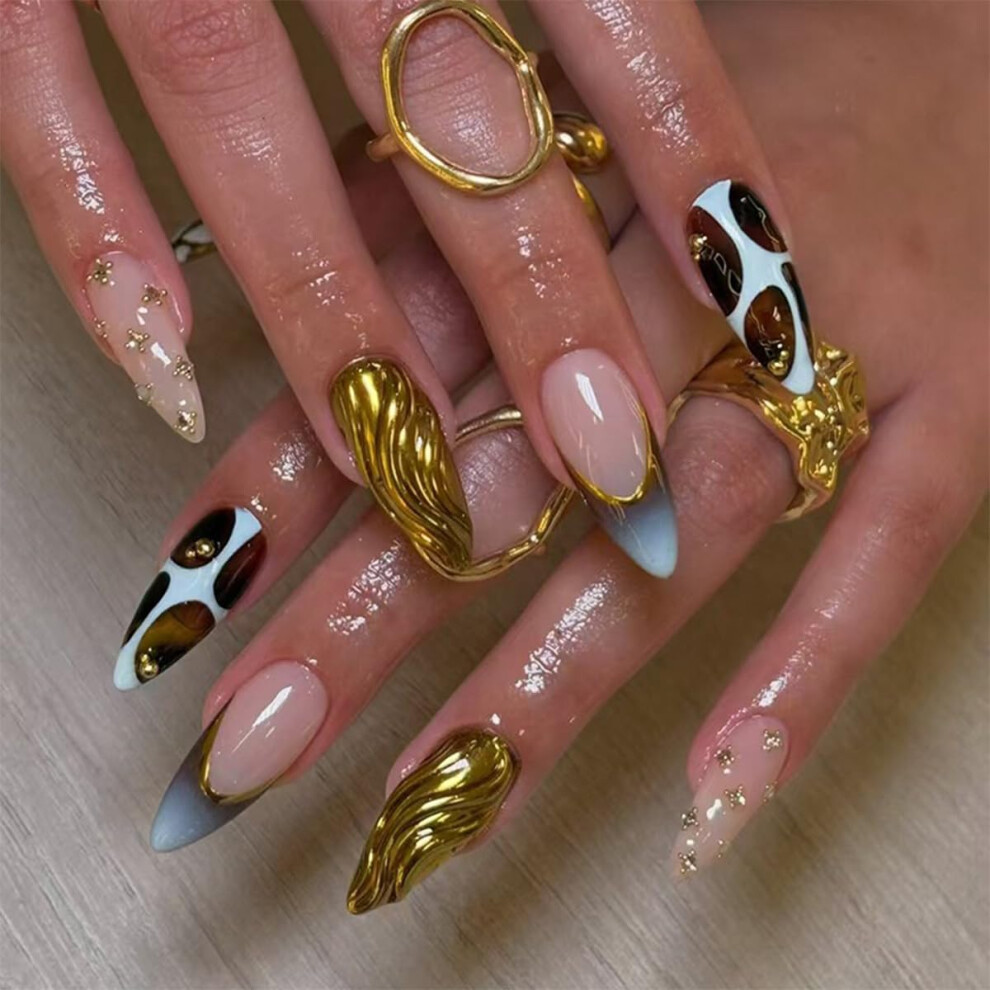 30Pcs Stiletto Press on Nails with Rhinestones, French Tip Acrylic Fake Nails, Reusable Glossy Set