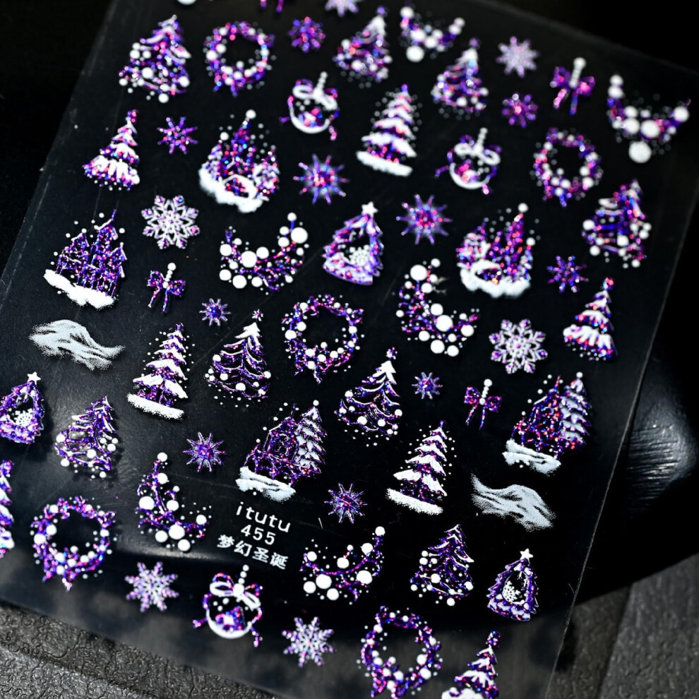 Purple Christmas Nail Stickers 5D Glitter Snowflake Decals Selfadhesive Holiday Nail Art For Women