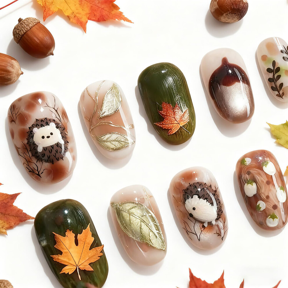 30Pcs Fall Press On Nails Short Oval Fake Nails with 3D Autumn Maple Leaf Design for Thanksgiving