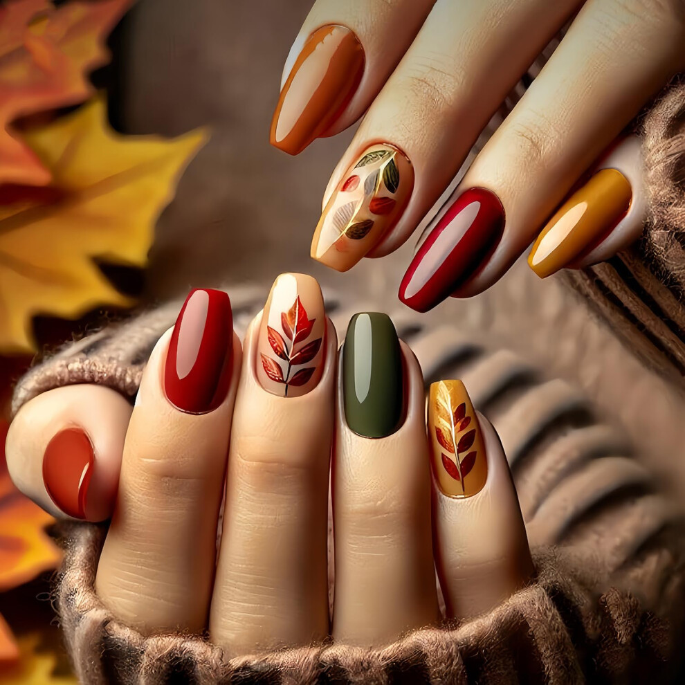 Thanksgiving Press On Nails Short Coffin Artificial Acrylic with Colorful Maple Leaf Design 24Pcs