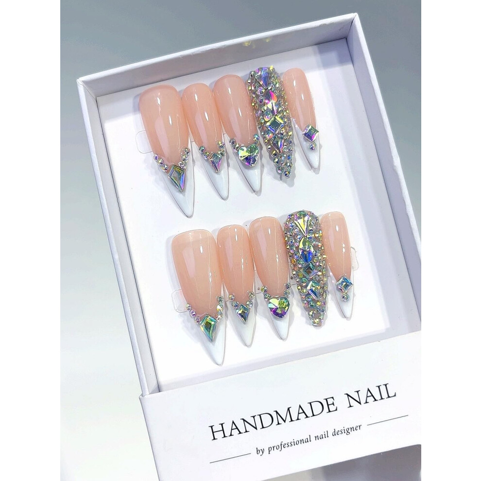 Nude Pink Stiletto Press On Nails with AB Rhinestone Hearts, Shimmery French Tips, Reusable Set