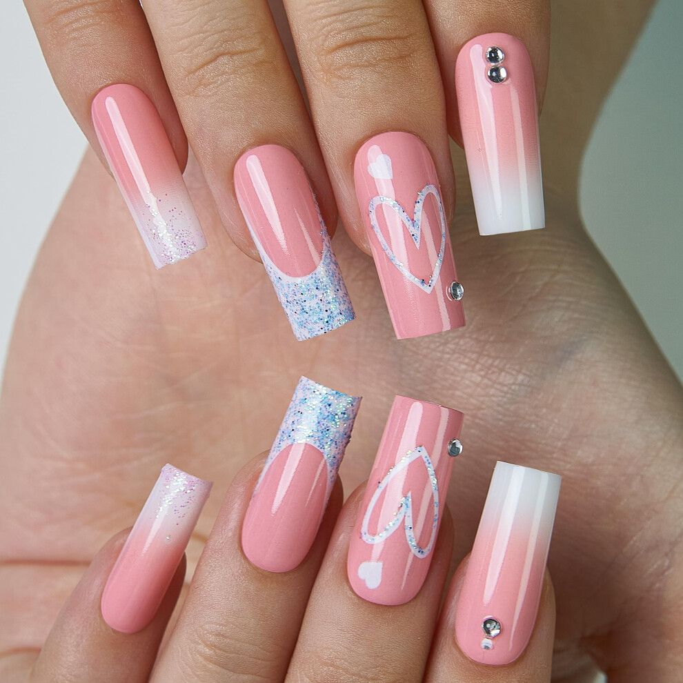 Soft Gel French Tip Press On Nails, Reusable Ombre Sparkle Glue On Fake Nails with 30 Pcs Set