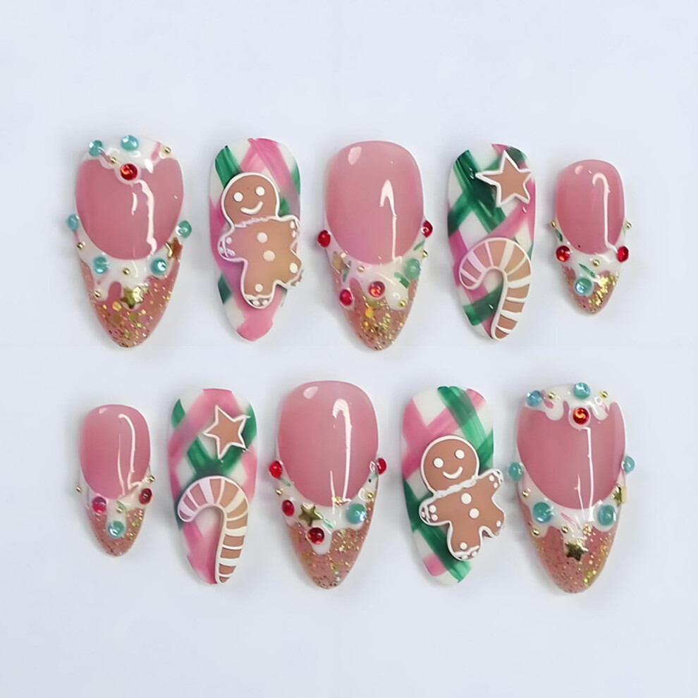 Christmas Press on Nails Long Almond French Tip Fake Nails with Rhinestones and Gingerbread Design