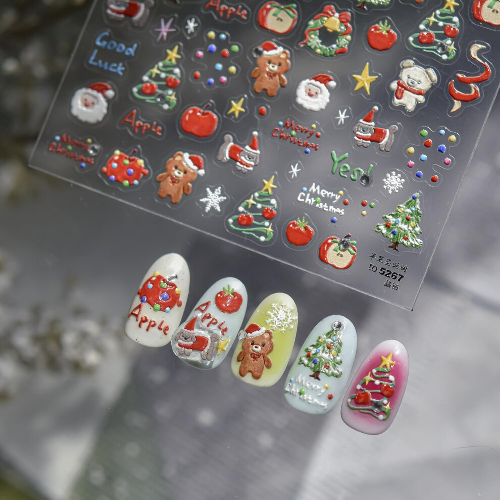 Christmas Nail Stickers 5D Self Adhesive Santa Claus Snowflake Nail Art Decals for Women