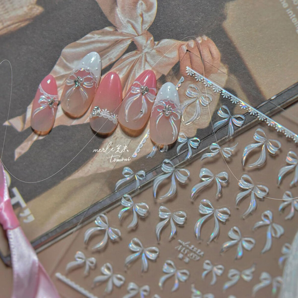 5D Embossed Bow Nail Art Stickers Silver Glitter SelfAdhesive Christmas and Winter Nail Decals