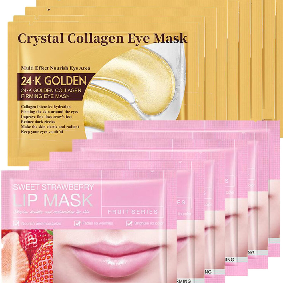 Gold 30Pcs 24K Under Eye Mask And Strawberry Collagen Lip Mask Hydrogel Patches For Hydration
