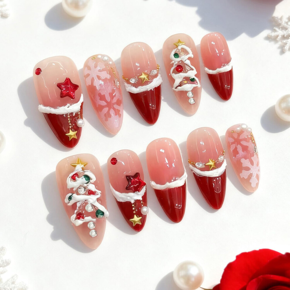 Christmas Almond French Tip Press On Nails with 3D Snowflake Rhinestones, Reusable 24pcs