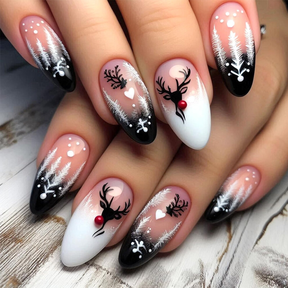 Christmas Press On Nails Medium Almond Fake Nails with Festive Deer and Snowflake Designs