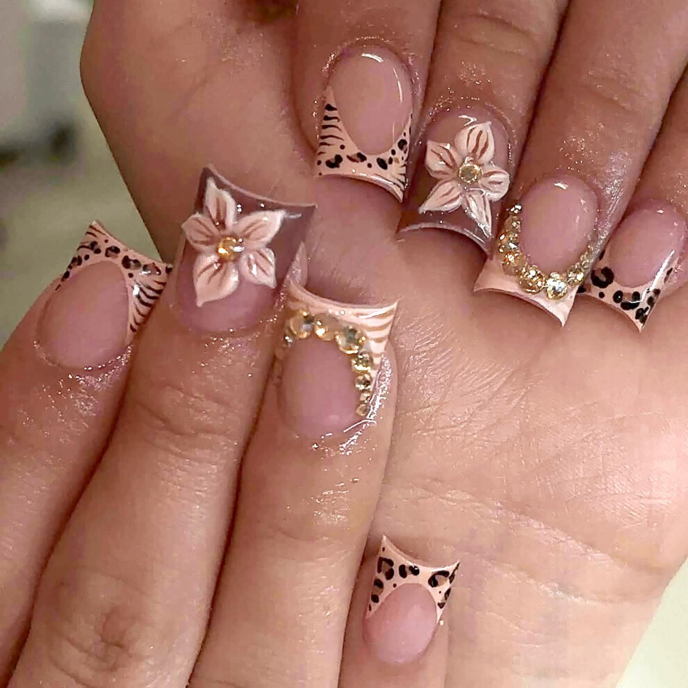 Short Square Press On Nails 24pcs French Tip Leopard Rhinestone Design Reusable Fake Nails for Women