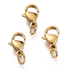 100 Stück ionenplattierte (IP) Karabinerverschlüsse aus Edelstahl 304 mit Biegering, goldfarben, 12 x 7 x 3,5 mm, Loch: 3 mm, Biegering: 5 x 0,6 mm