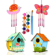 4 Pack DIY Bird House Wind Chime Kits for Children Paint, Paint Kit Includes Paints & Brushes