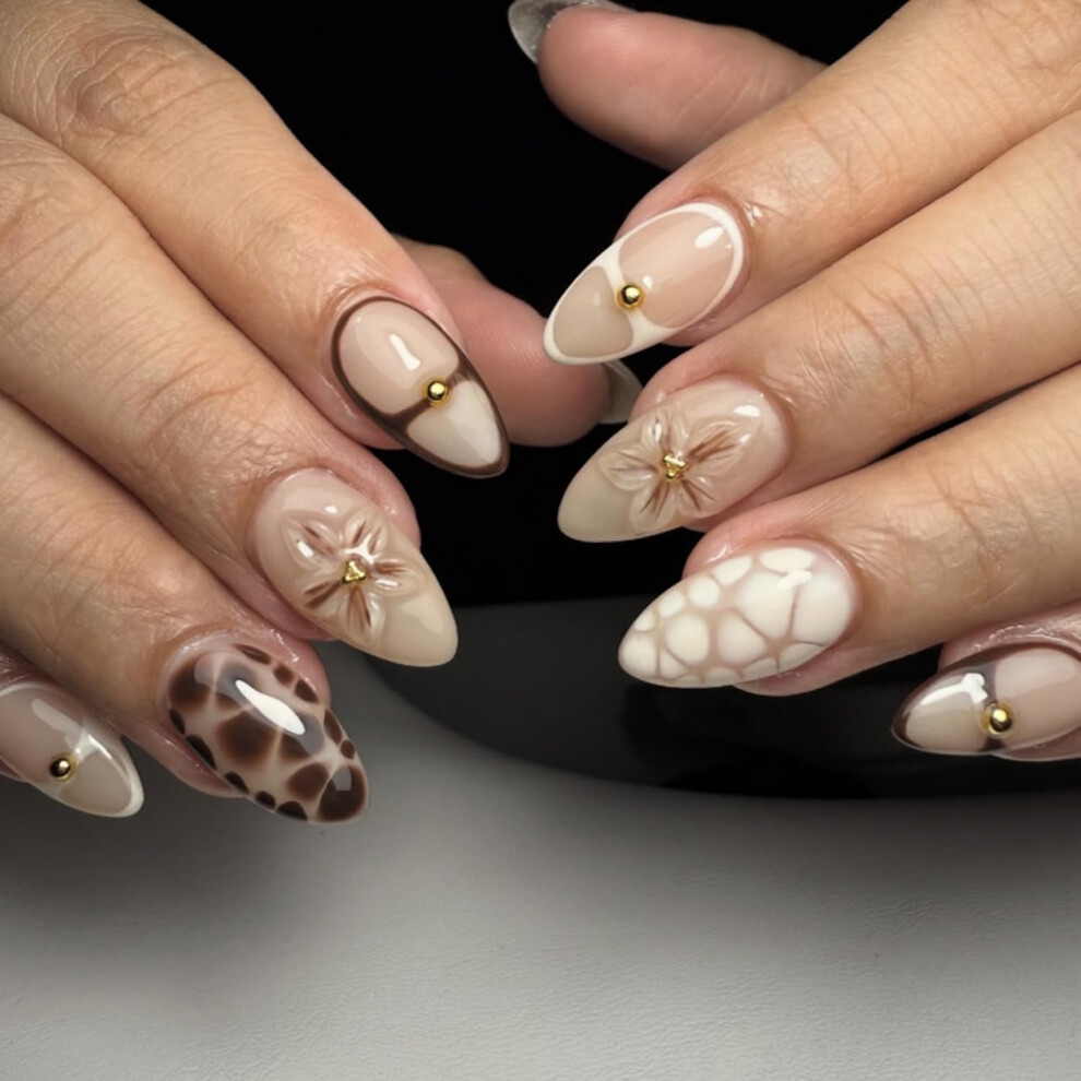 Leopard Print Press On Nails Set  Medium Almond Reusable Acrylic Fake Nails for Women
