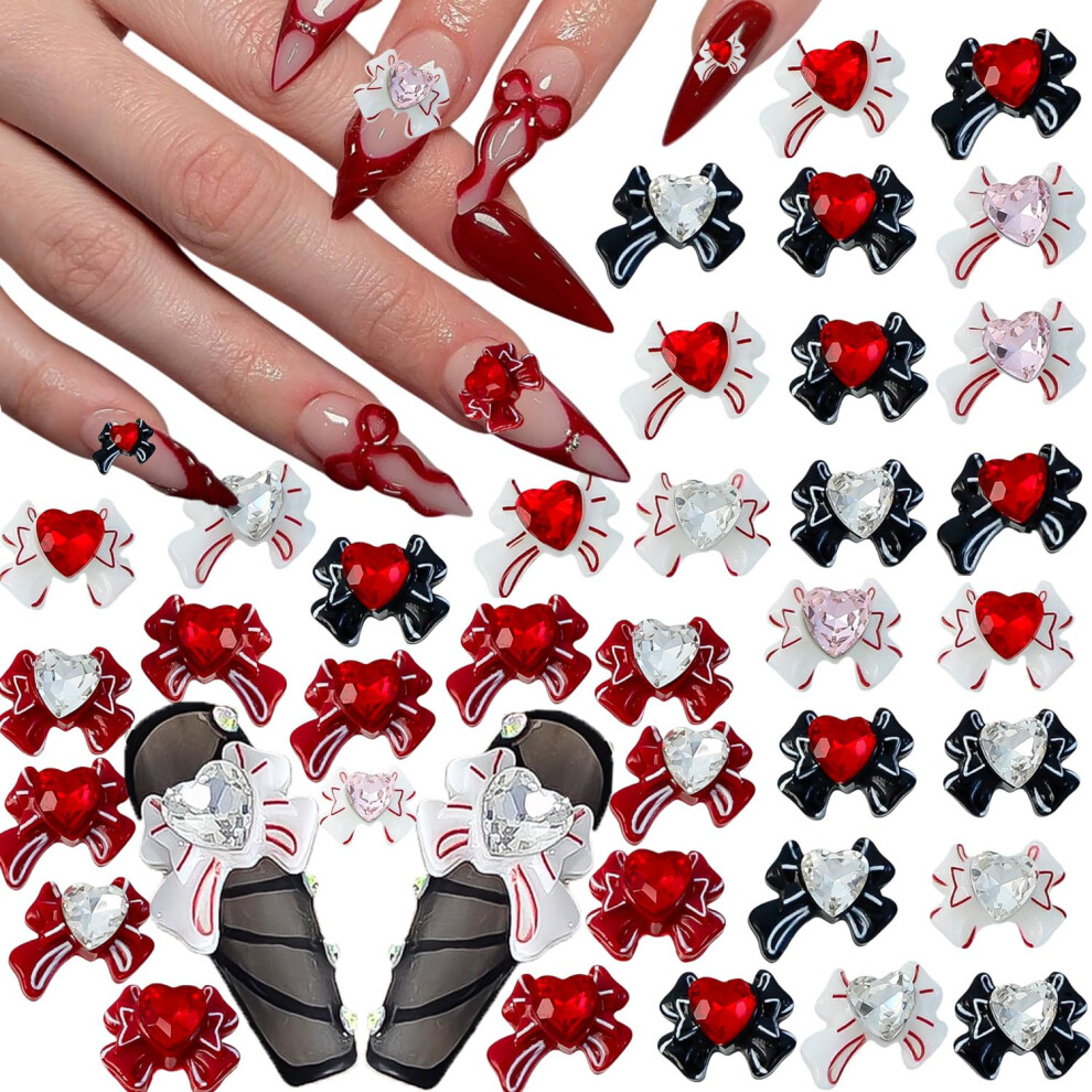28Pcs Valentine's Day Nail Charms Heart Bow Gems Resin Rhinestone Set for Acrylic Nails Decoration
