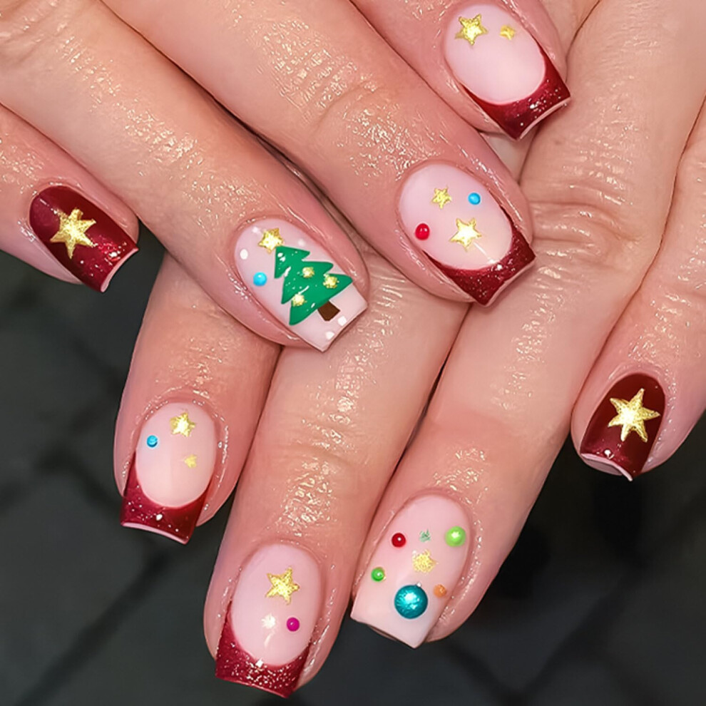 Christmas Press On Nails Short Square Red Glitter Holiday Fake Nails Reusable Easy Apply 24pcs
