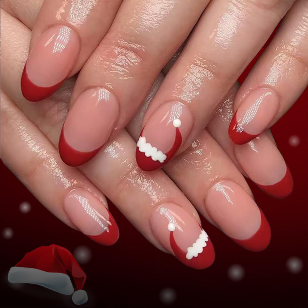 Red Christmas Press On Nails Short Almond French Tip Santa Hat Design Reusable Glossy False Nails 24Pcs