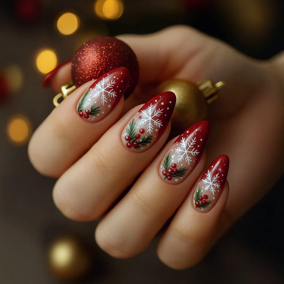Red Christmas Press On Nails With French Tip Snowflake Design, 24Pcs Almond Fake Nails Kit
