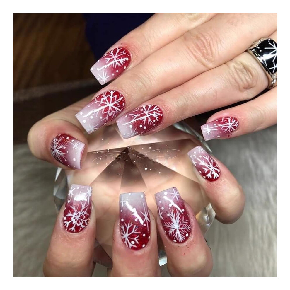 Red Christmas Snowflake Press On Nails Medium Square French Tip False Nails 24Pcs Reusable