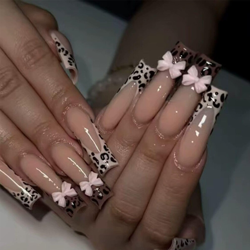 Cream Long Square Nude Press On Nails With 3D Bow Leopard Print, Instant Salon Manicure, 24Pcs