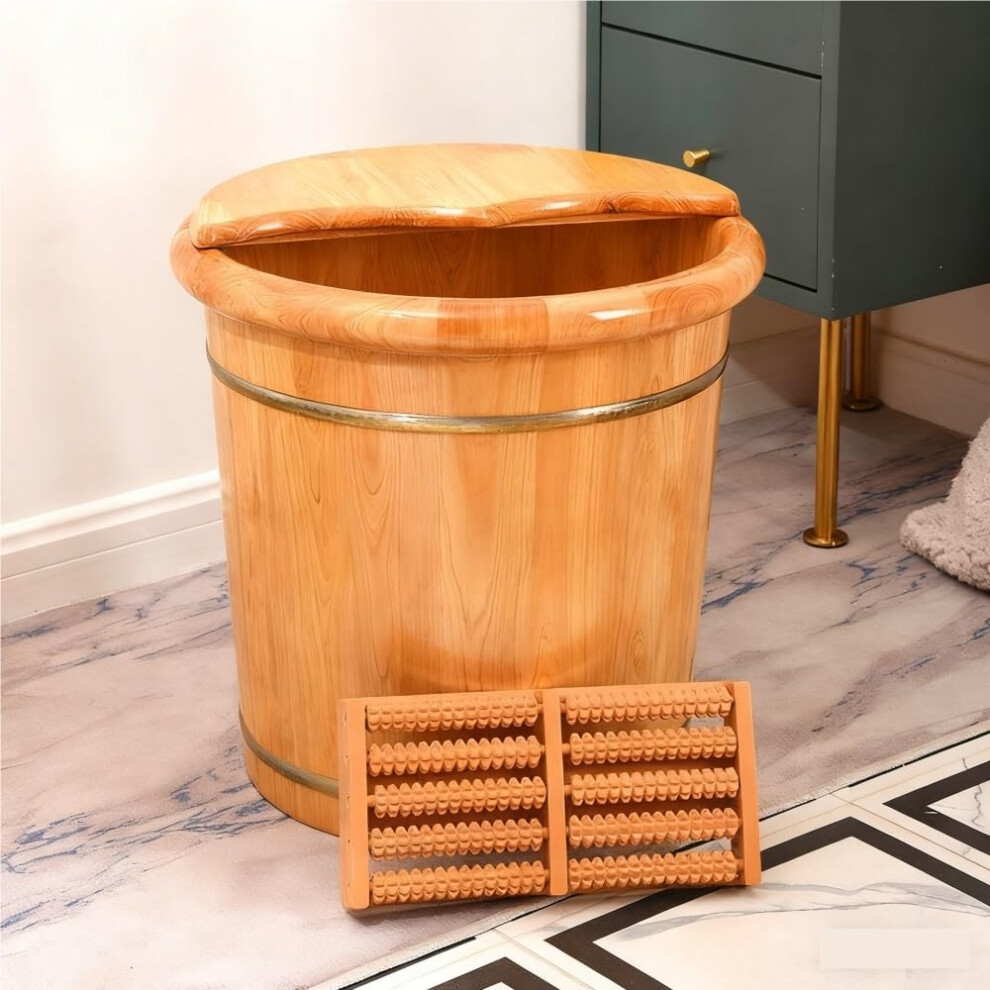Large Wooden Foot Spa Tub with Heat Retention Lid and BuiltIn Massage Roller for Home Pedicure