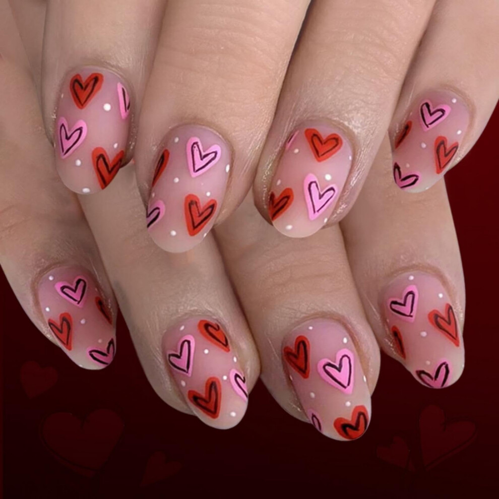 Pink Valentine's Day Heart Press On Nails Short Almond Fake Nails Reusable Set 24Pcs