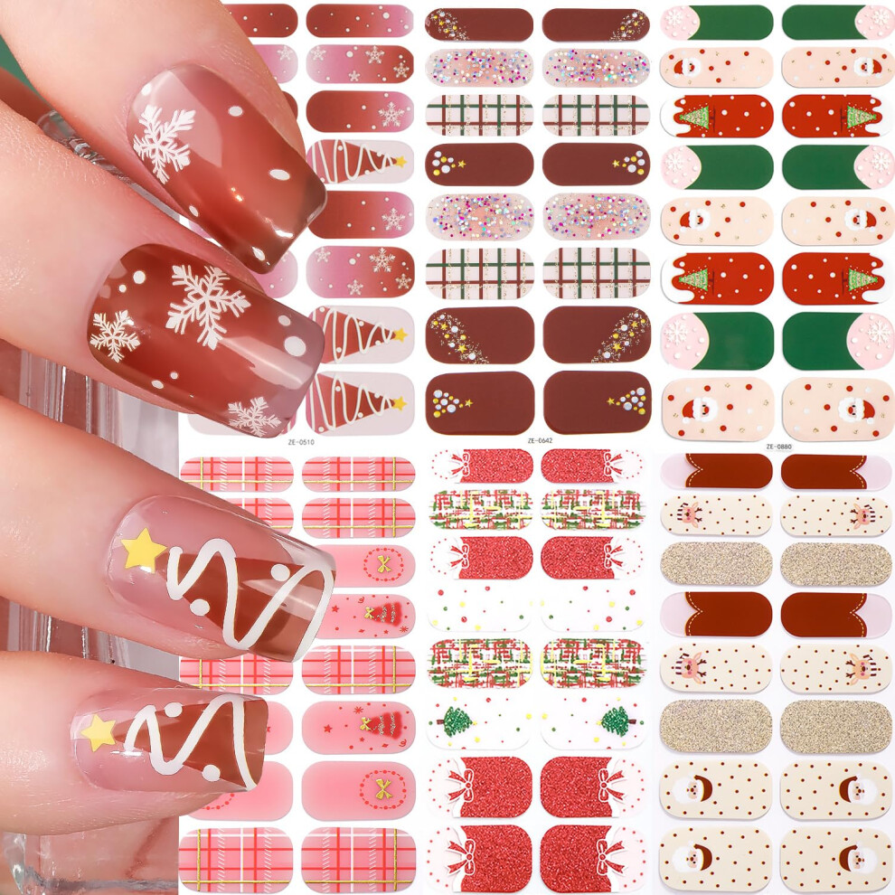 6 Sheets Christmas Gel Nail Stickers Set with Glitter Full Wraps, SelfAdhesive Holiday Manicure