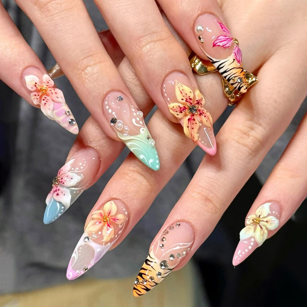 Almond French Tip Press On Nails with Flower and Rhinestone Design, Medium Glue On Set for Women