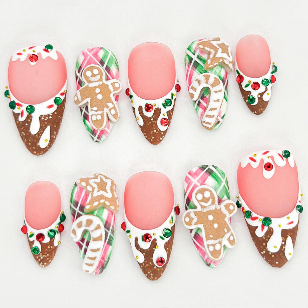 Christmas Press On Nails with 3D Icing Gingerbread and Candy Cane Holiday Fake Nail Set Reusable