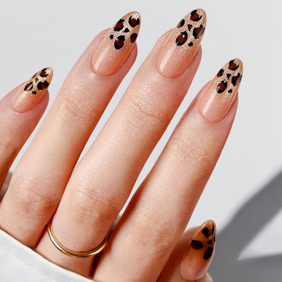 Leopard French Tip Almond Press On Nails Medium Length Fake Nails Reusable Instant Salon Look Set 24PCS