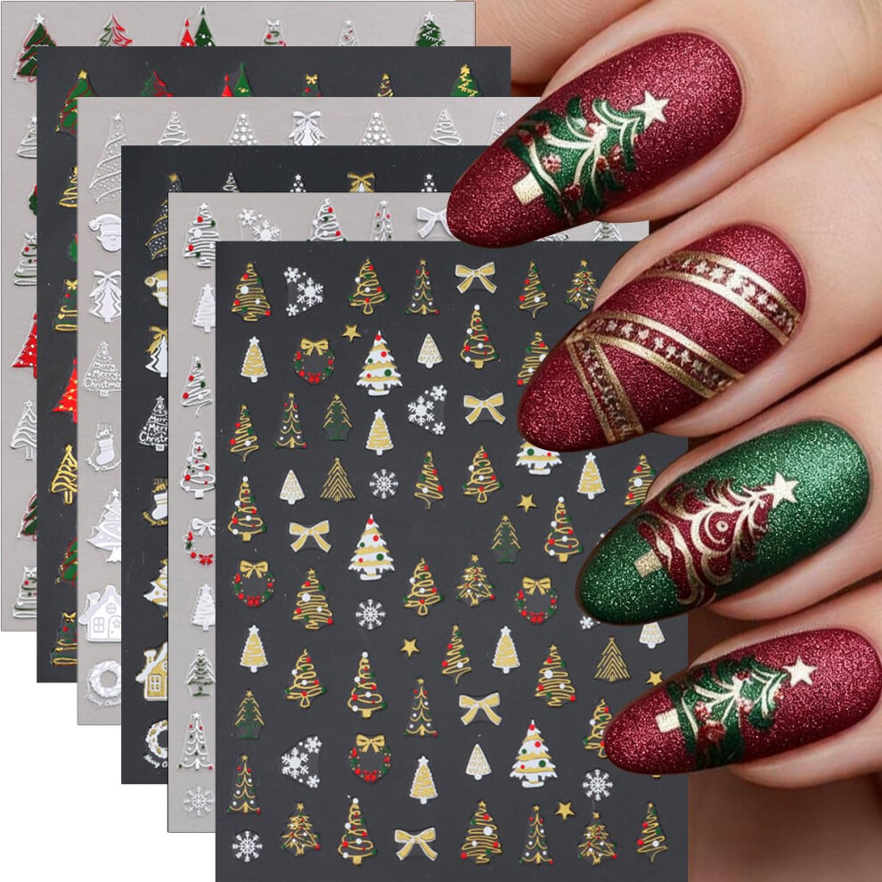 6Pcs Christmas Nail Stickers Set with Glitter Holiday Tree Bow Star Decals SelfAdhesive Winter Xmas Decorations for Women Girls Manicure Accessories
