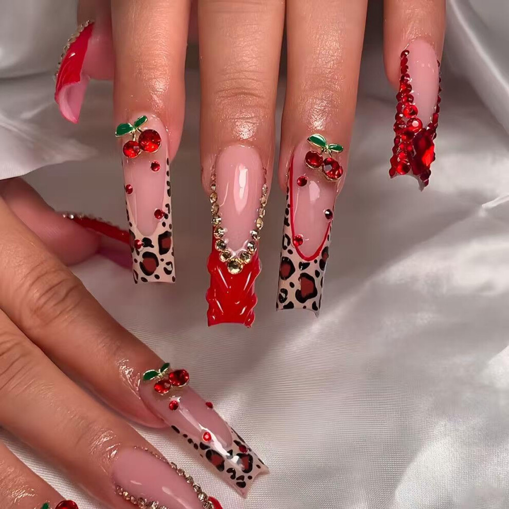 Red Long Square Press On Nails French Tip With Rhinestones Leopard Print Set Salonquality 24Pcs