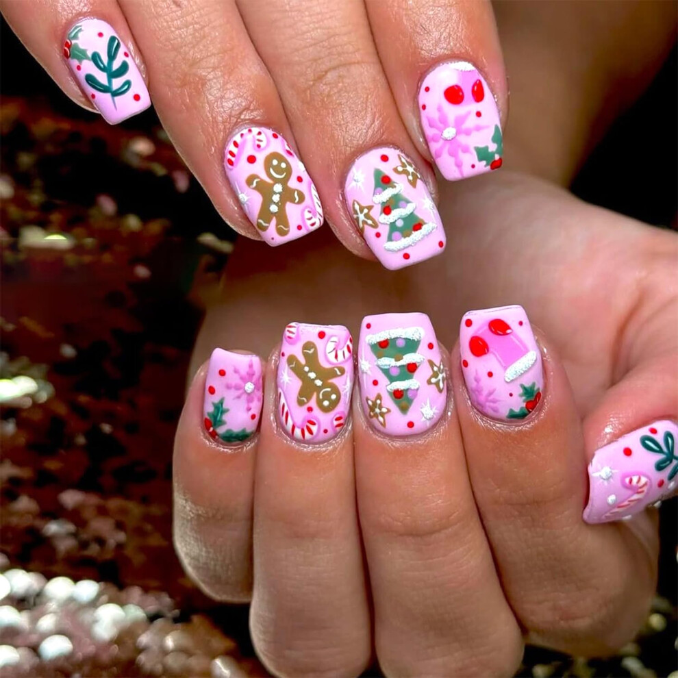Christmas Press On Nails Short Square False Nails with Festive Tree and Snowflake Design Reusable