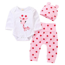 Baozhu Autumn Casual Baby Girl Suits Giraffe Bodysuit + Polka Dots Pants + Cap 3 pcs Spring Kids Clothing Set 0-18 Months