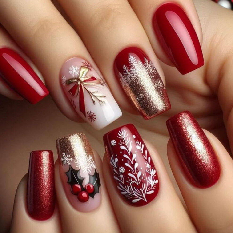 Red Christmas Press On Nails Snowflake Design Short Coffin Acrylic Fake Nails With Glue Kit