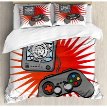 Retro Video Games Duvet Cover Set, Compatible with Orange & White Gamepad Design, 3-Piece Bedding with 2 Pillowcases