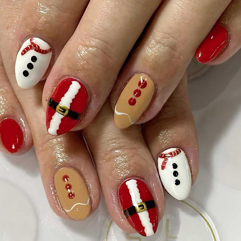 Christmas Press On Nails for Women, Holiday Oval Fake Nails with Santa Snowman Designs, Reusable 24Pcs