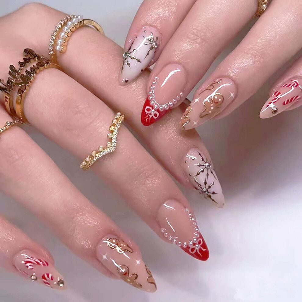 Red Christmas Press On Nails French Tip Medium Almond Fake Nails With Candy Cane Holiday Design 24Pcs