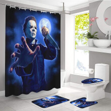 4-delige Michael Myers Halloween douchegordijnset met antislipmat, toiletbrilhoes en badmat, waterdicht met 12 haken, 179 x 179 cm