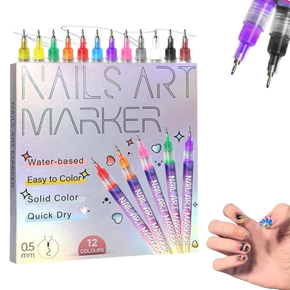 12 Colors Nail Art Pens Set with Precise Fine Tip, QuickDry Waterproof Ink for Gel Nails